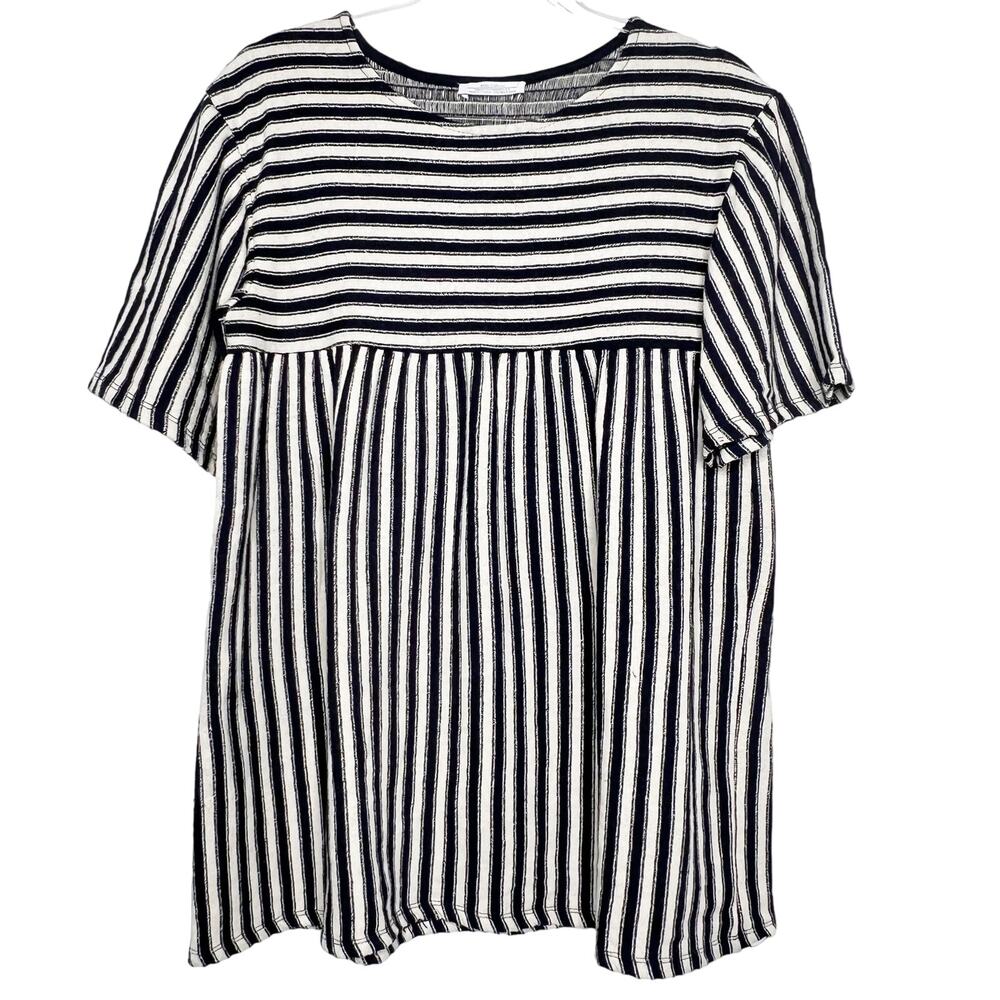 ZARA Trafaluc Striped Babydoll Top Crew Neck Short Sleeve Blue White Size Small